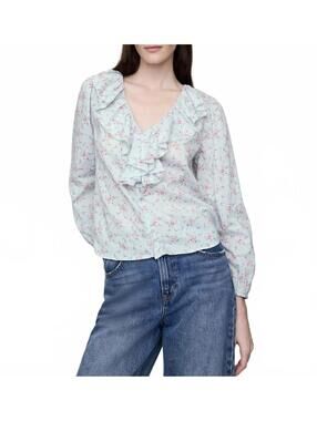 Gap Cotton Ruffle V-Neck Shirt Blue & Pink Floral NWT XXL